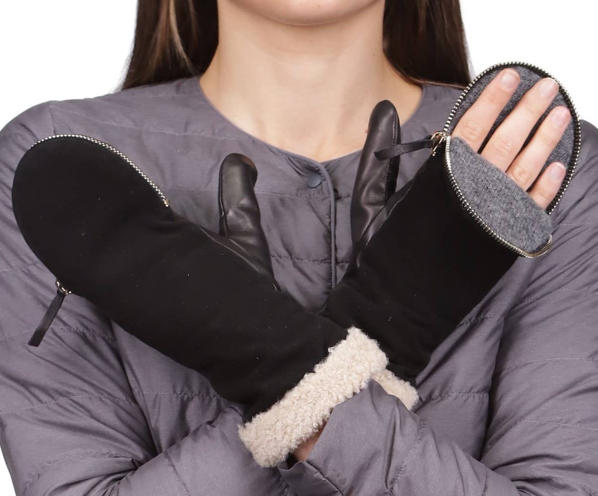 Shearling Cuff Suede Back Zipper Mitten by Amato New York