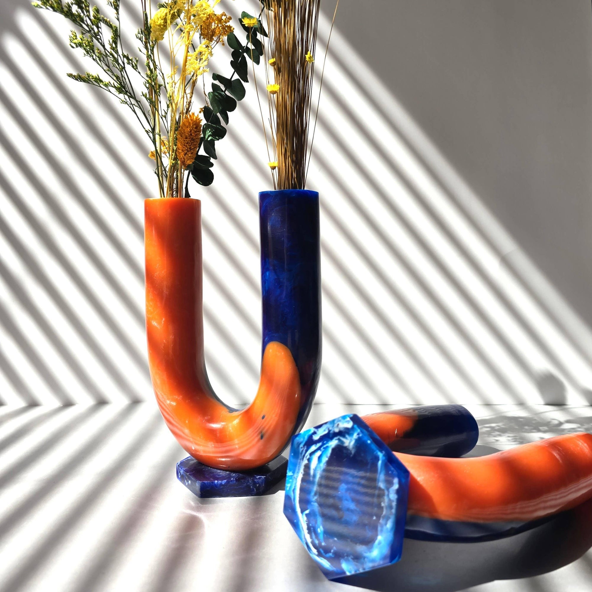Hand poured Resin Flower Vase - Orange &amp; Blue