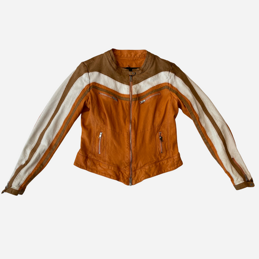 Colorblock Motorcycle Leather Jacket in Orange by Artico