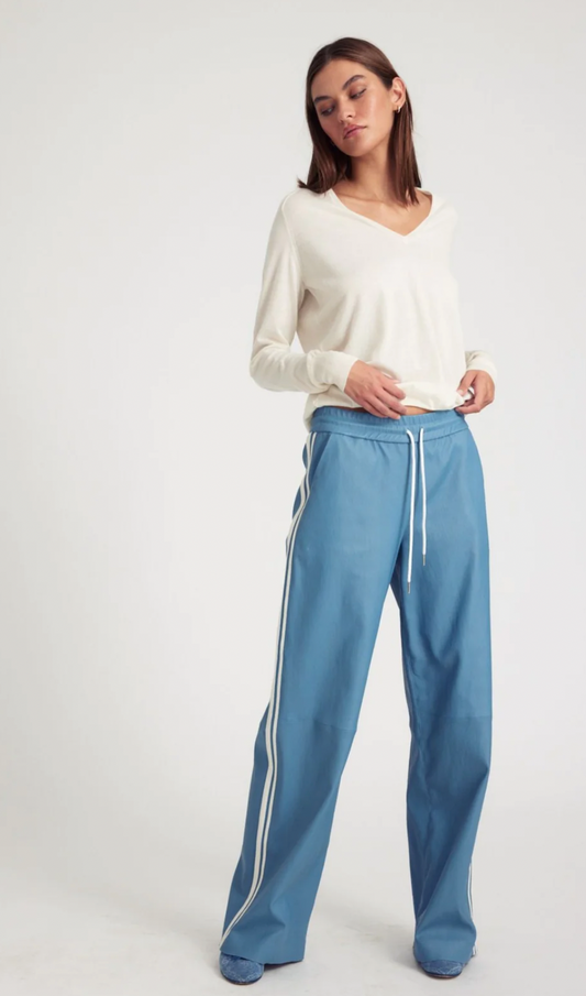 Chambray Blue Leather Athletic Drawstring Pants by SPRWMN