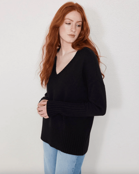 Ella Cashmere V-Neck Sweater in Black by Not Monday