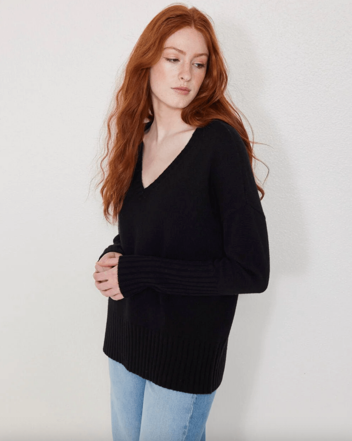 Ella Cashmere V-Neck Sweater in Black by Not Monday - Haven