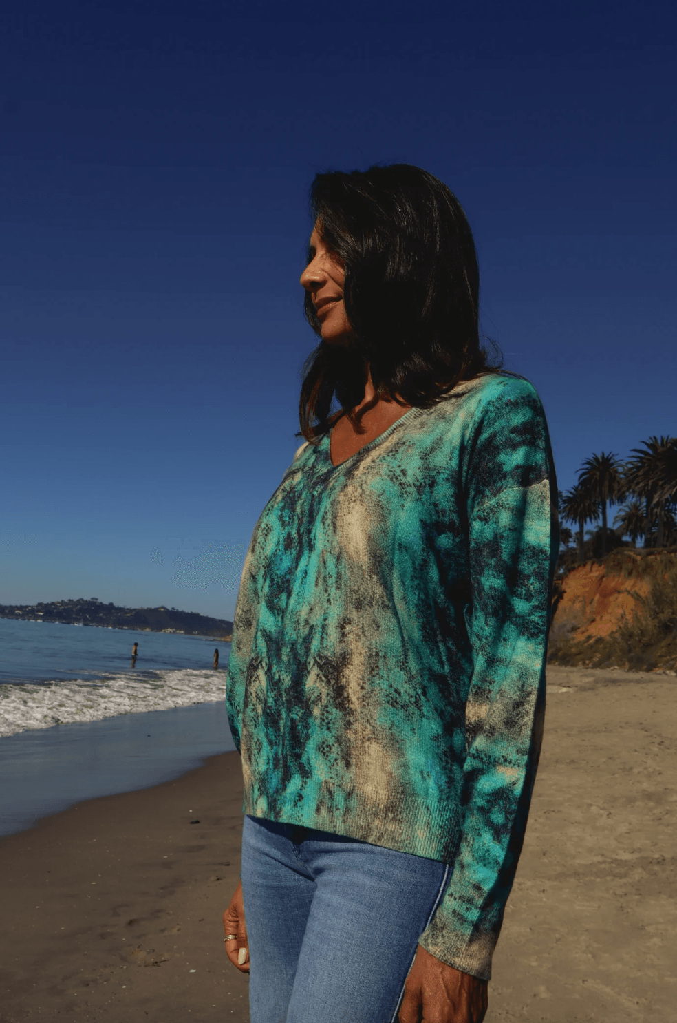 Aqua Snake Cashmere V-Neck Sweater by Catherine Gee