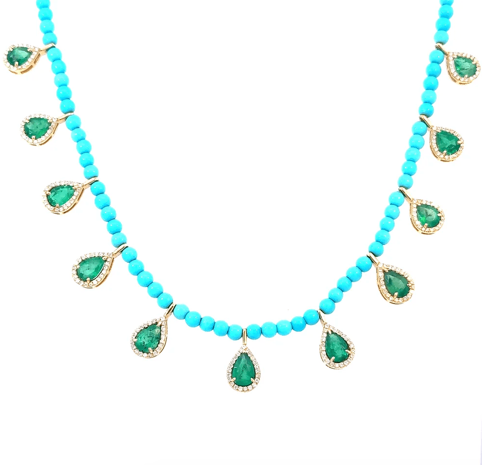 Turquoise, Emerald, and Diamond Teardrop Necklace by Leela Grace Jewelry - Haven