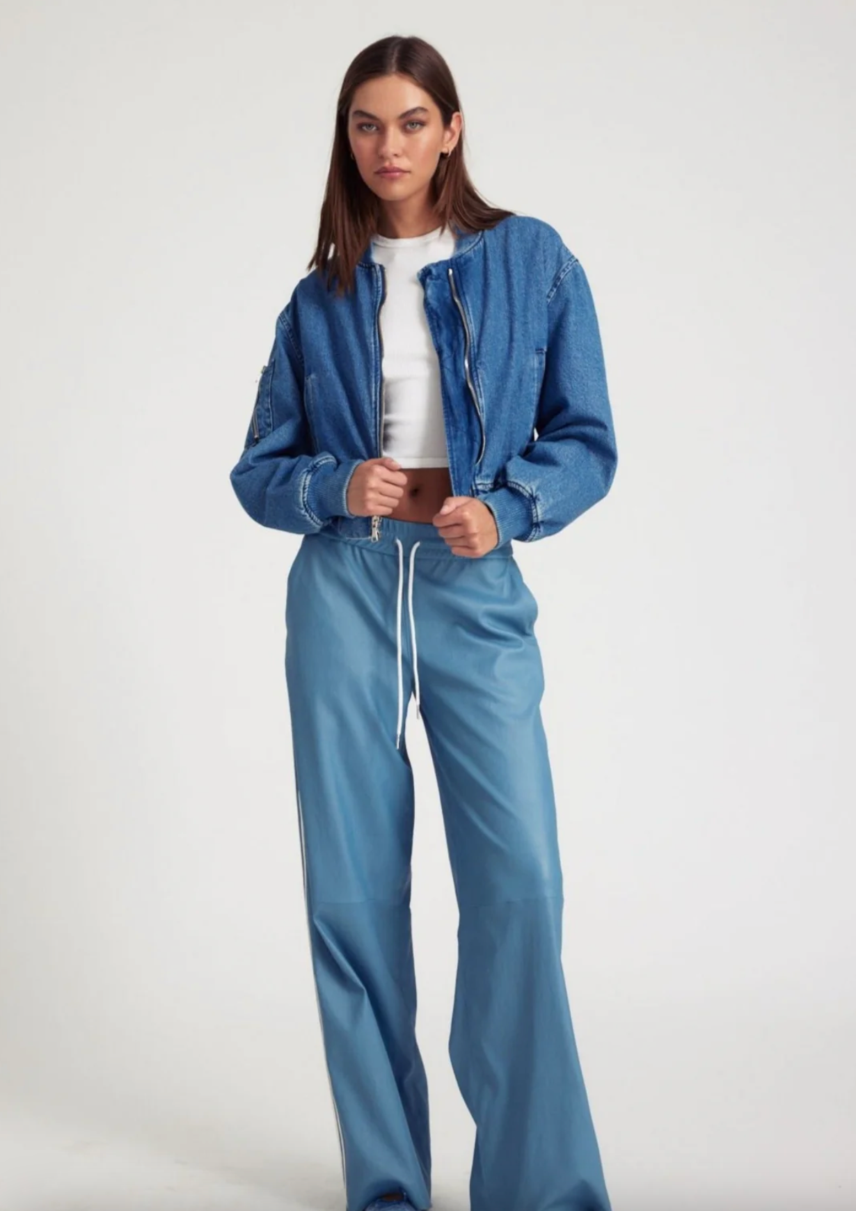 Chambray Blue Leather Athletic Drawstring Pants by SPRWMN