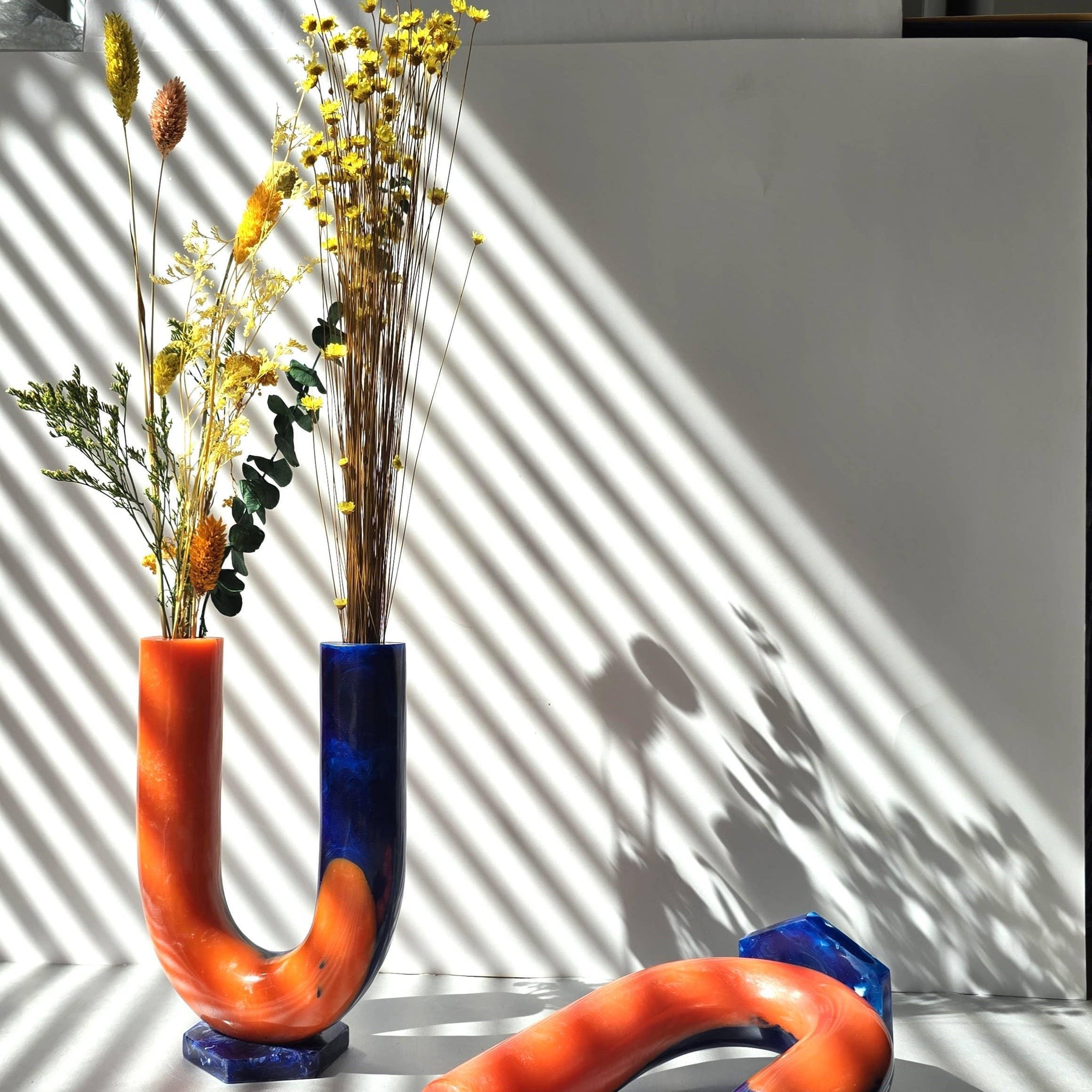 Hand poured Resin Flower Vase - Orange &amp; Blue