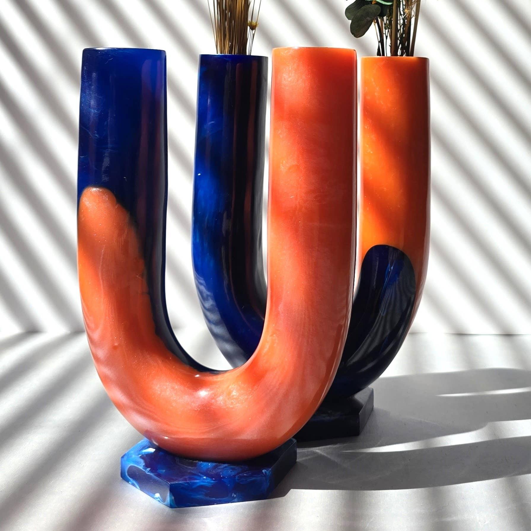 Hand poured Resin Flower Vase - Orange &amp; Blue